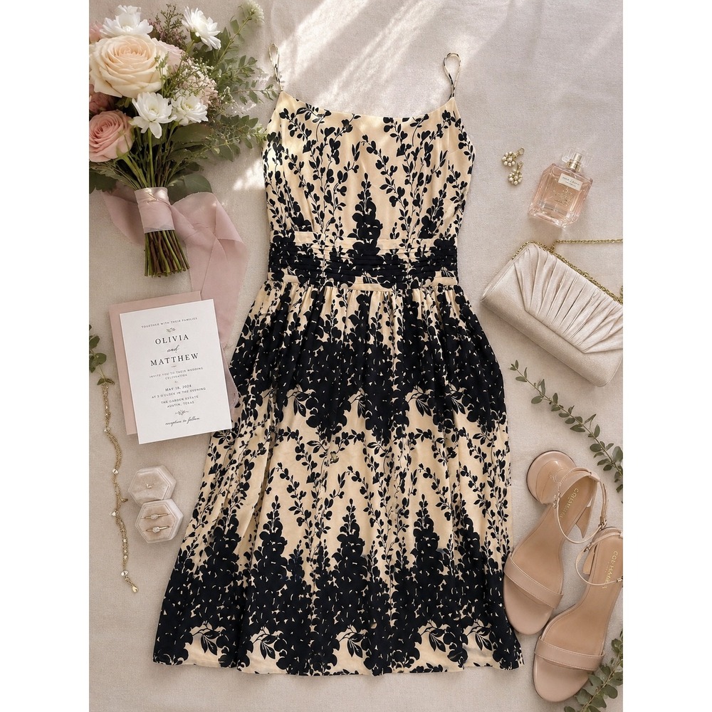 Ann Taylor Womens 12 Black Cream 100% Silk Floral Spaghetti Strap Midi Dress
